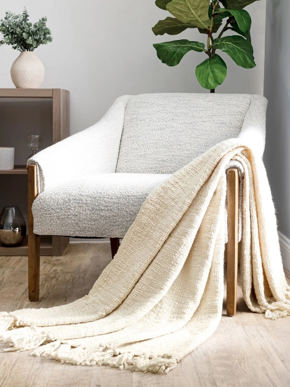 Basketweave Natural Throw Blanket with Fringed Edges